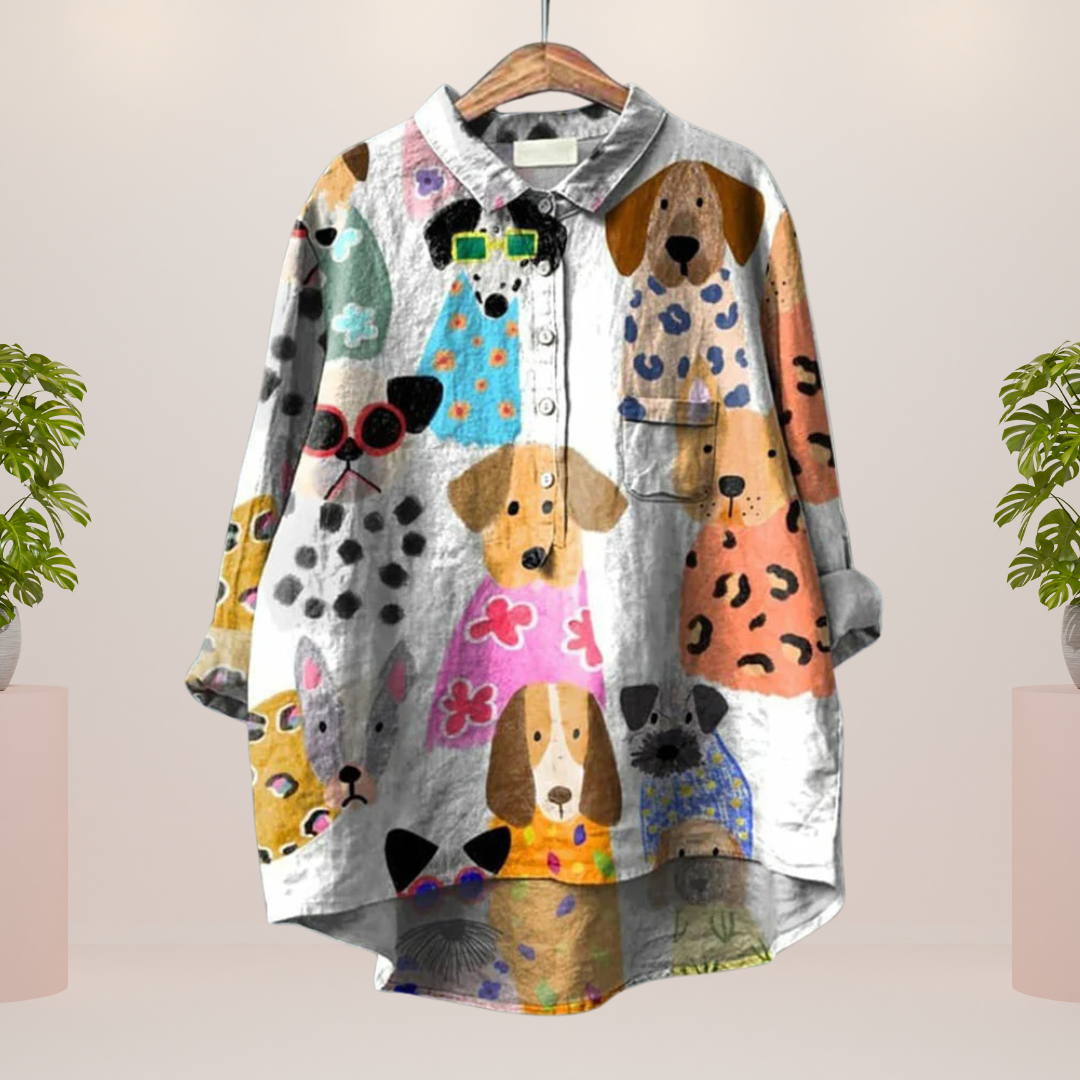 Freya | Fun Dog Print Button-Up Shirt