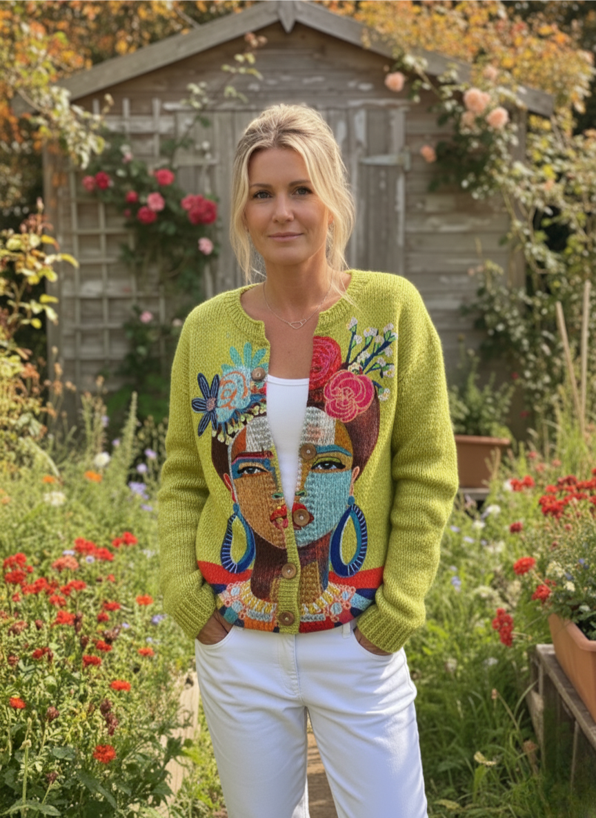 Oil Painting Freda Portrait Art Printed Buttoned Cardigan Sweater