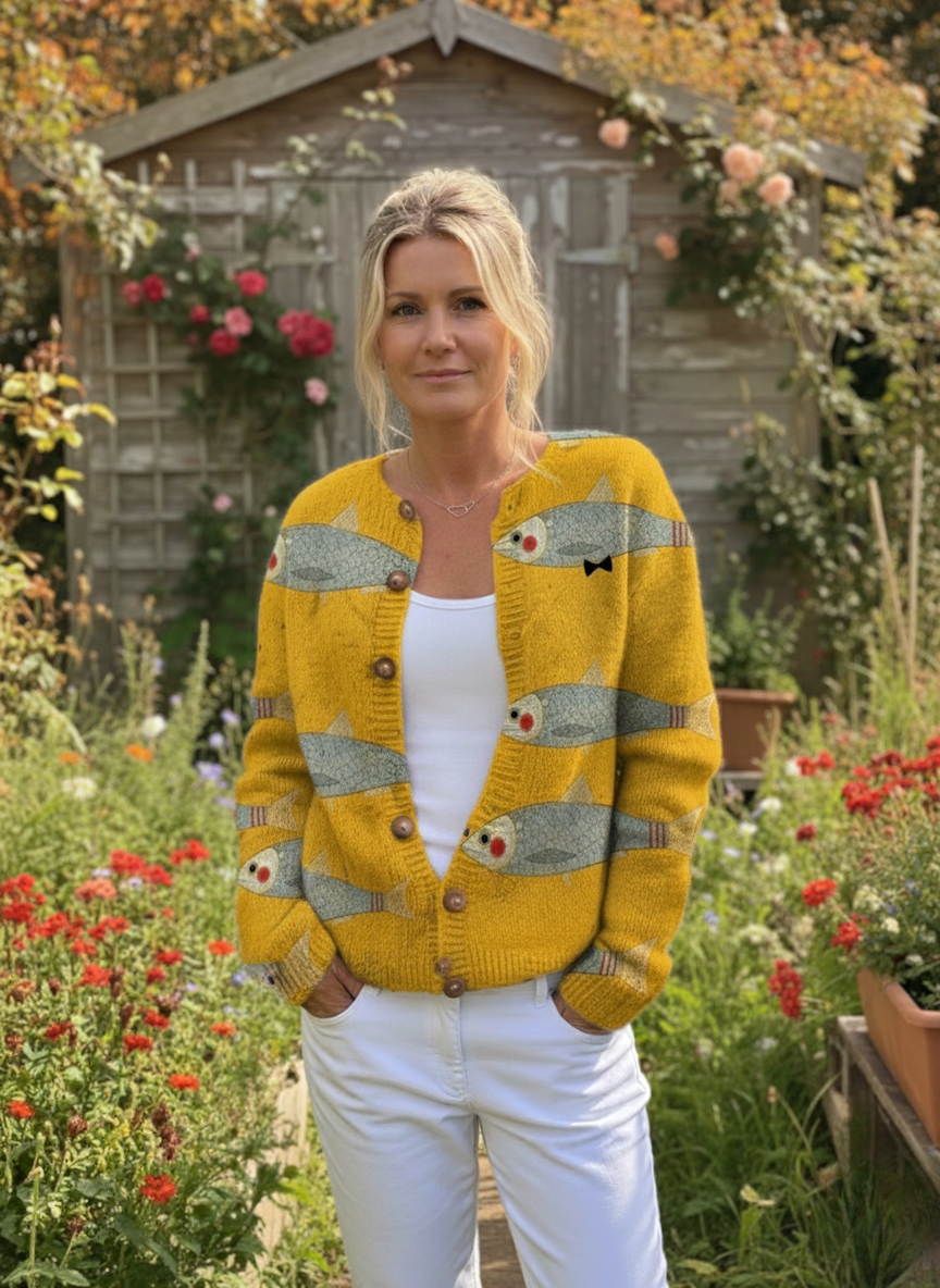 Vintage Fish Sardines Art Print Buttoned Cardigan Sweater