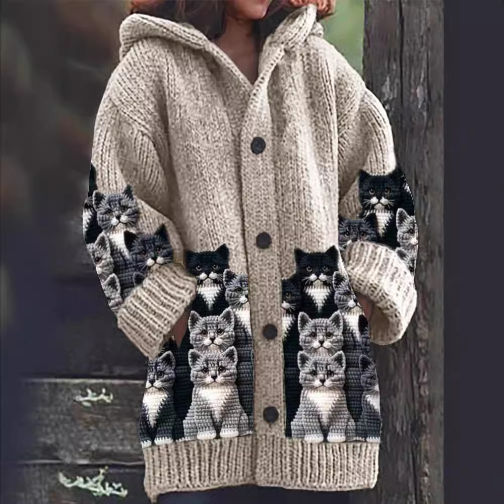 Jasmin | Cozy Knit Cat Print Cardigan