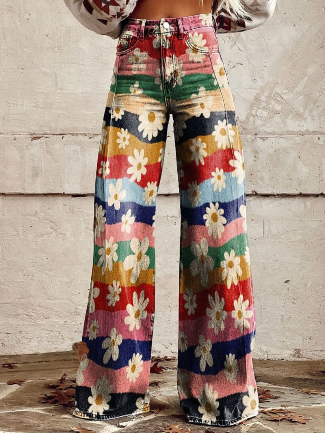 Sophie | Retro Floral Striped Wide Leg Trousers