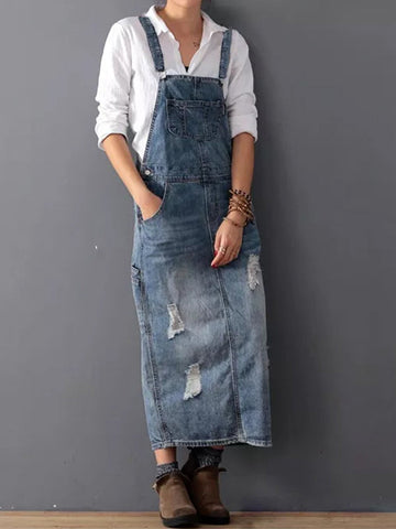 Sophie | Denim Dungaree Dress with Back Split
