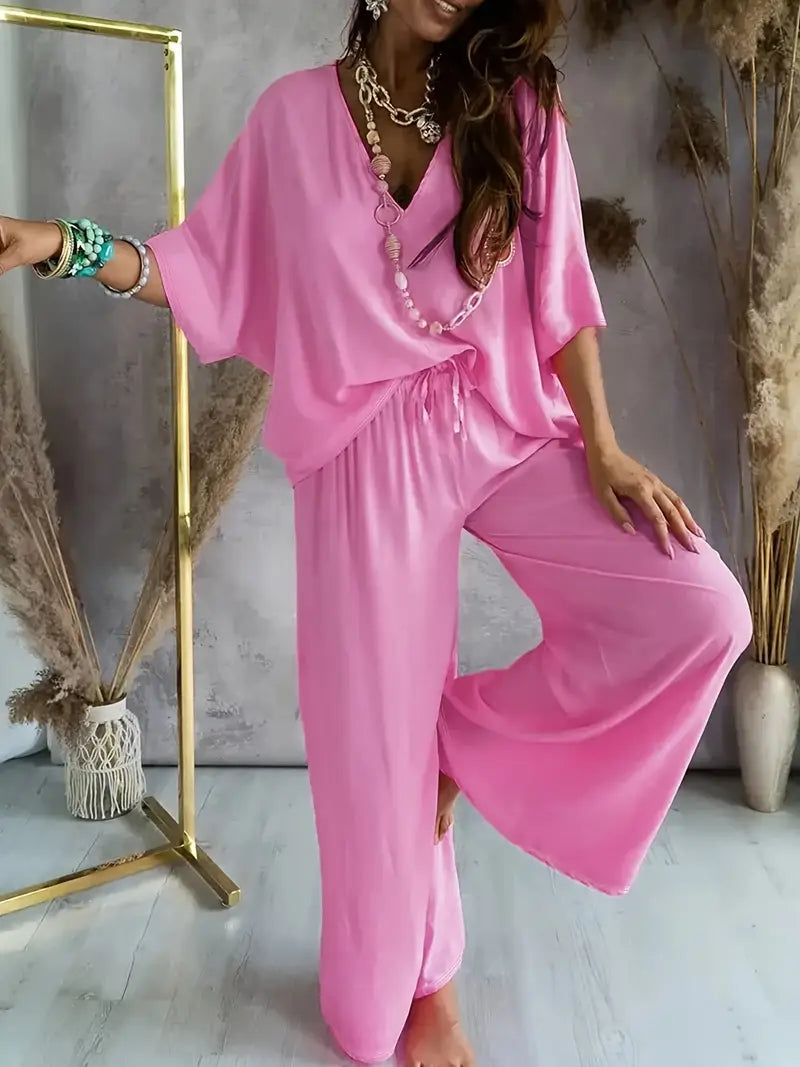 Lily | Relaxed V Neck Top & Wide Leg Pants Set