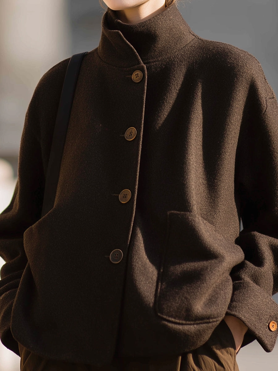 Minimalist Brown Wool Stand-Collar Jacket