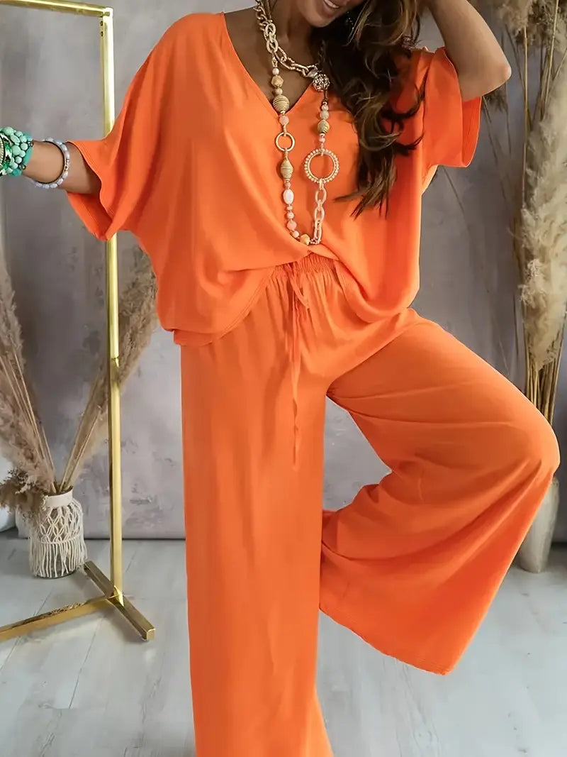 Lily | Relaxed V Neck Top & Wide Leg Pants Set