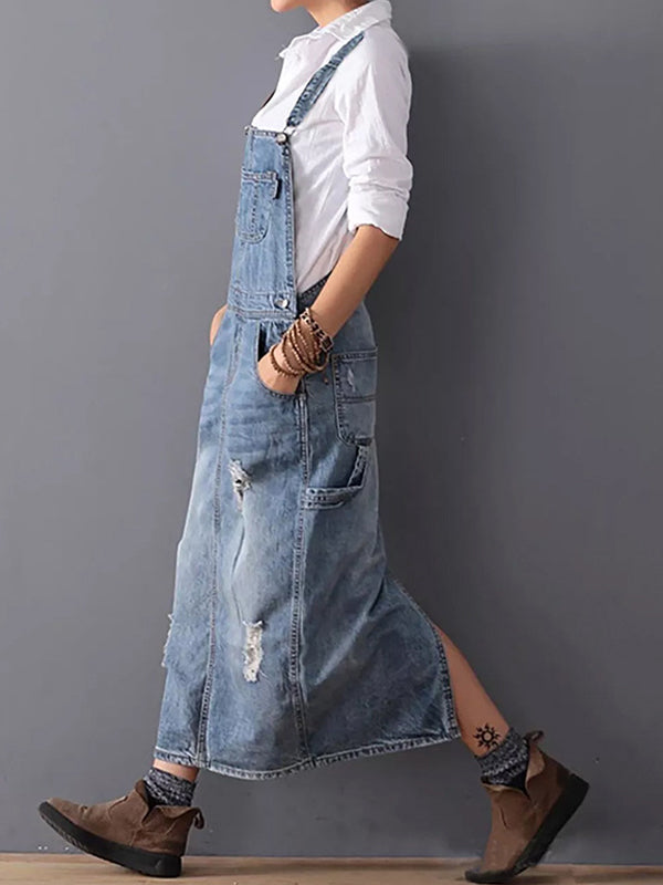 Sophie | Denim Dungaree Dress with Back Split