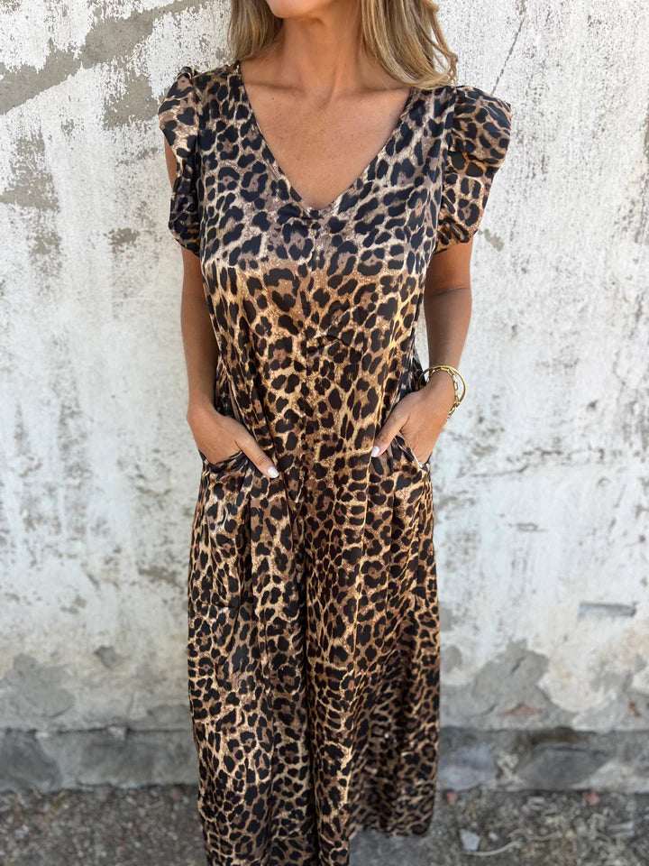 Linda | Leopard Print V-Neck Jumpsuit With Front Pockets