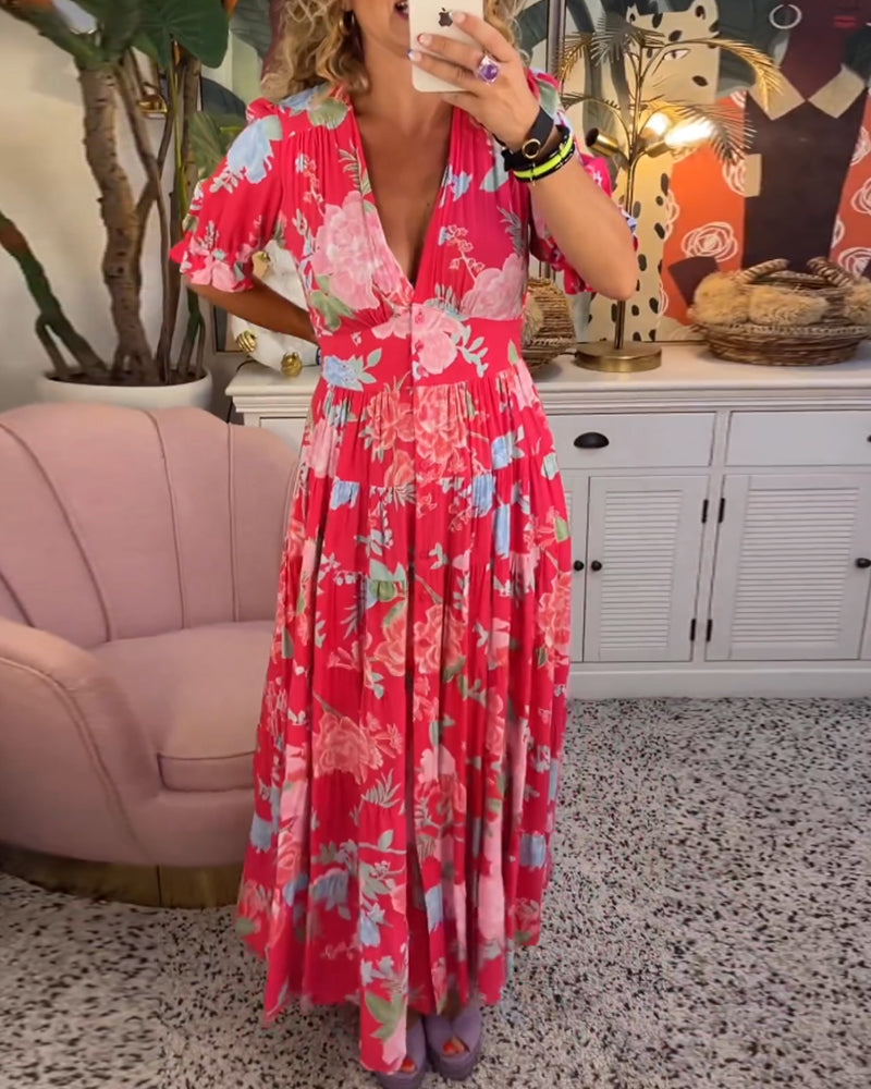 Reagan | V-Neck Short Sleeve Floral Maxi Dress