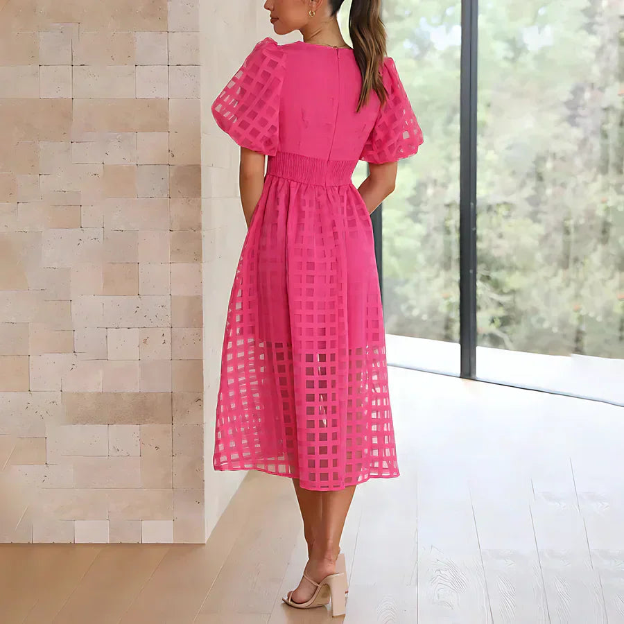 Cindy | Classic Patterned Puff Sleeve Midi Dress