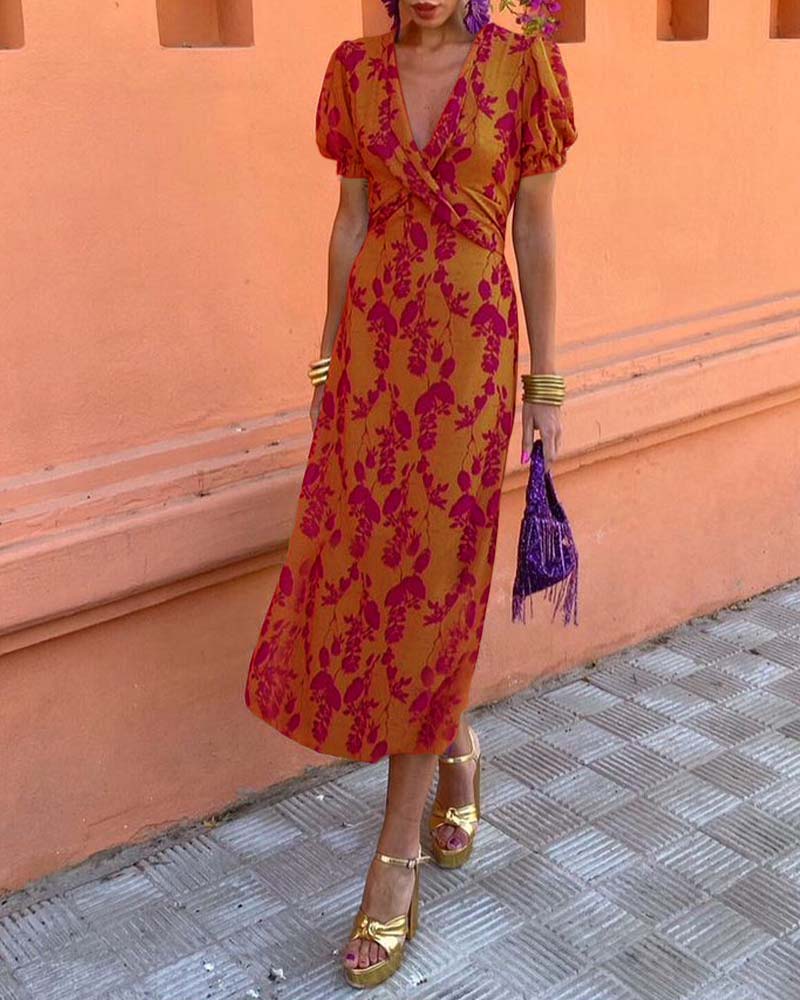 Lila | Chic Deep V-neck Dress with Leaf Design