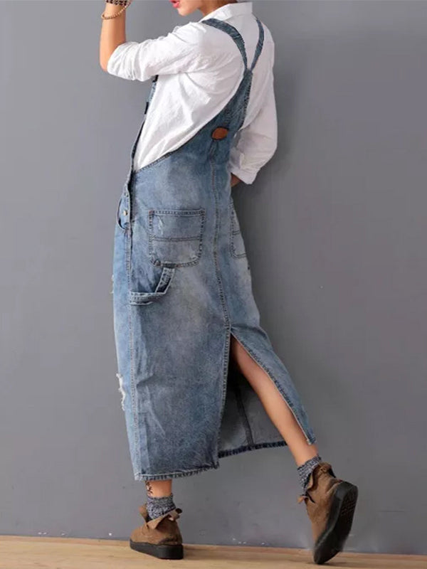 Sophie | Denim Dungaree Dress with Back Split