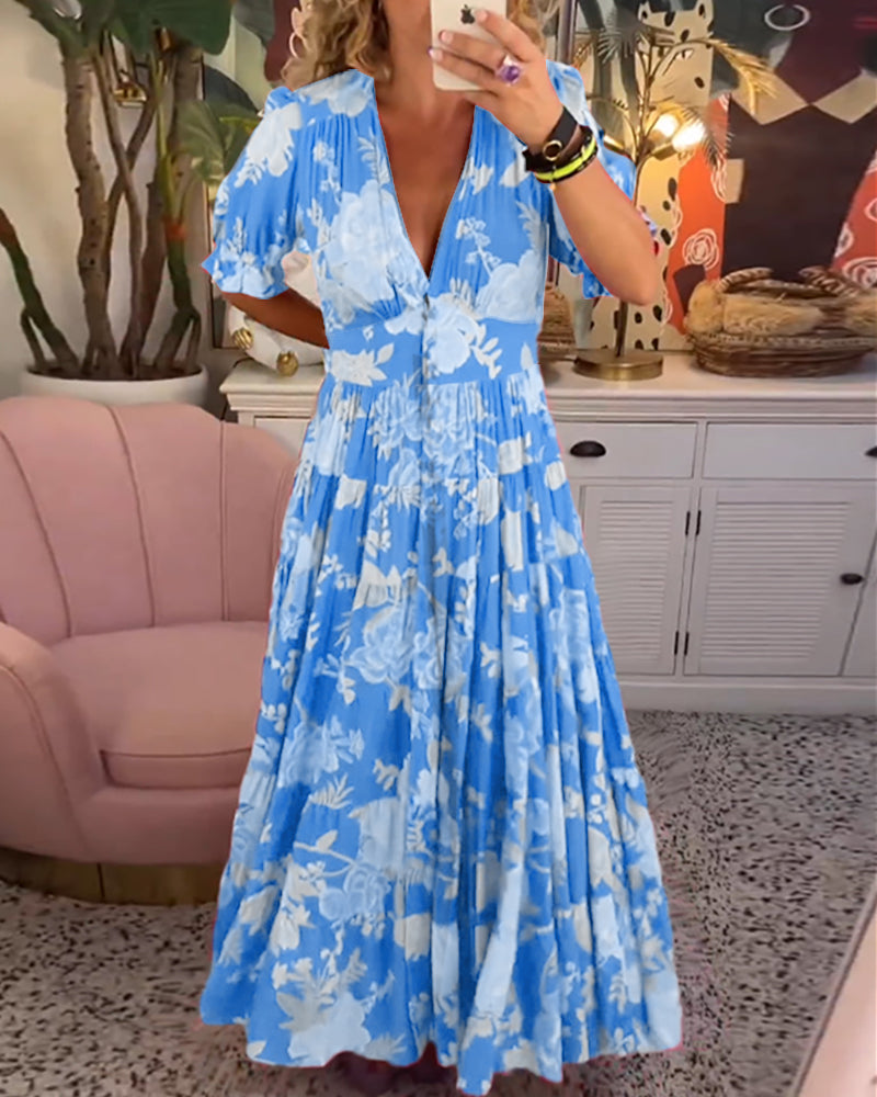 Reagan | V-Neck Short Sleeve Floral Maxi Dress