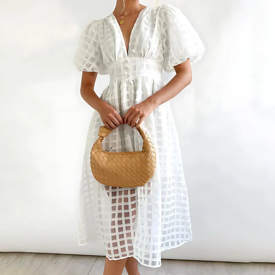 Cindy | Classic Patterned Puff Sleeve Midi Dress