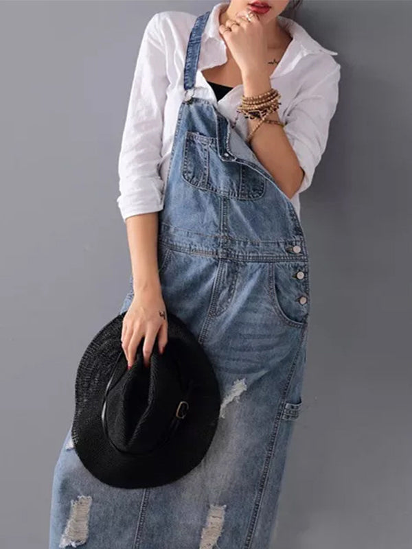 Sophie | Denim Dungaree Dress with Back Split