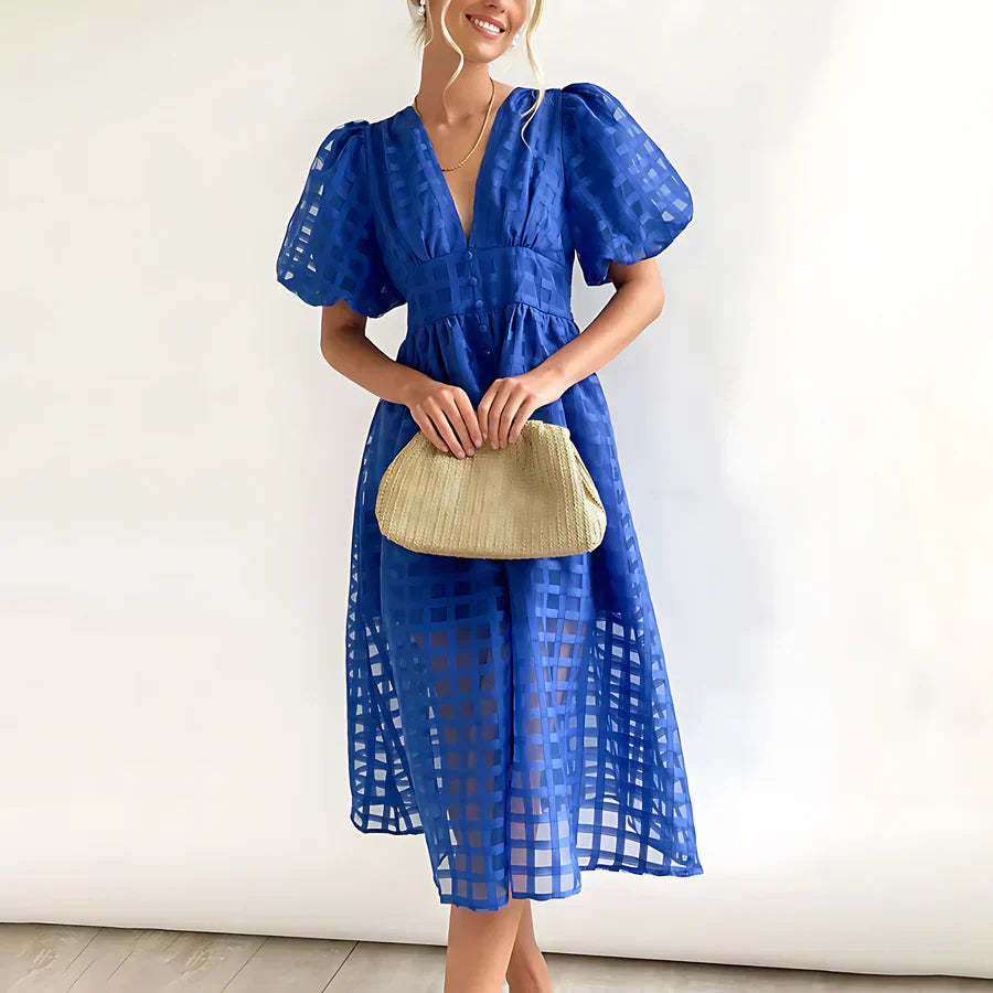 Cindy | Classic Patterned Puff Sleeve Midi Dress
