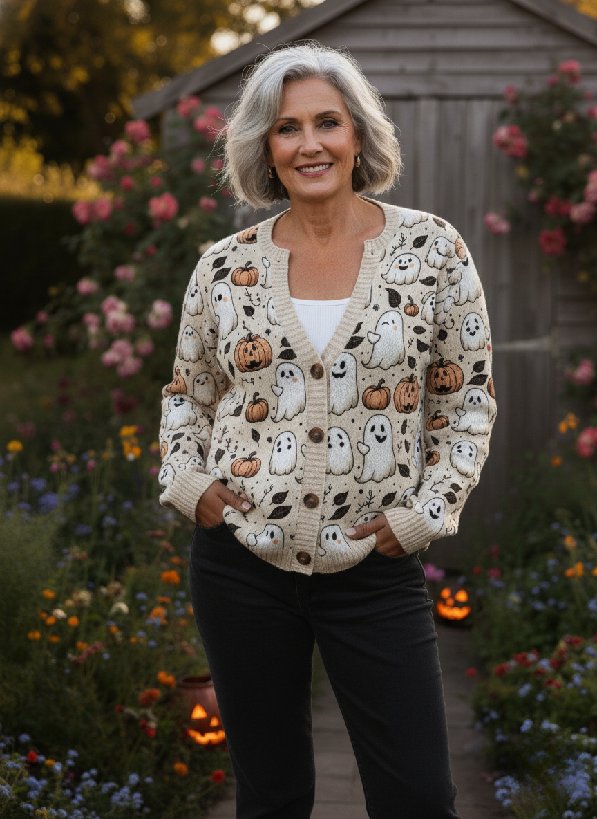 Funny Ghost Halloween  Art Print  Buttoned Cardigan Sweater