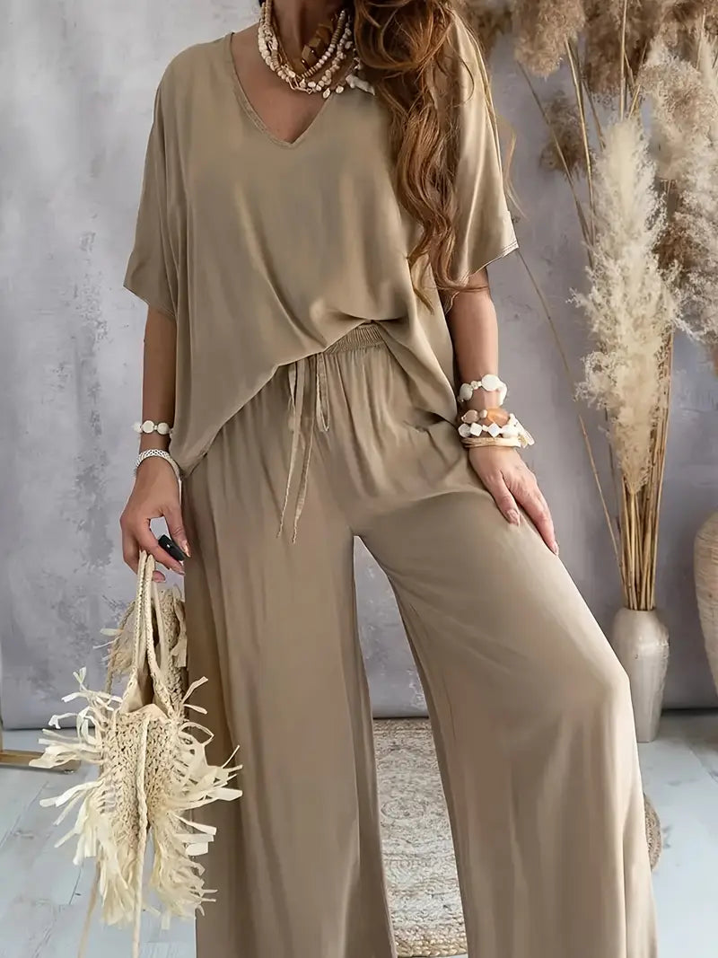 Lily | Relaxed V Neck Top & Wide Leg Pants Set