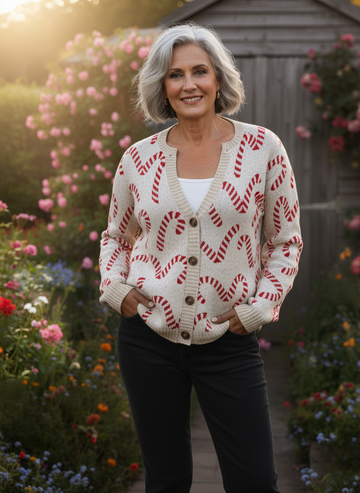Festive Candy Cane Decorative Pattern Buttoned Cardigan Sweater