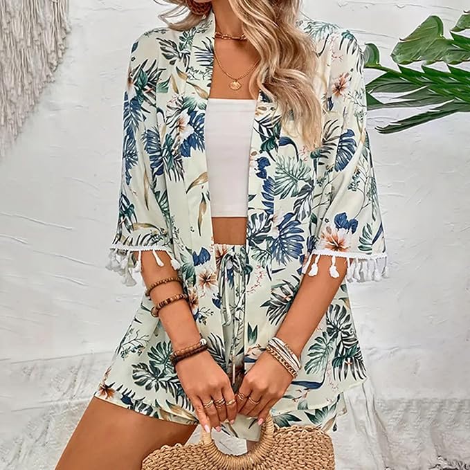 Emily | Chic Floral Cardigan and Beach Shorts Ensemble