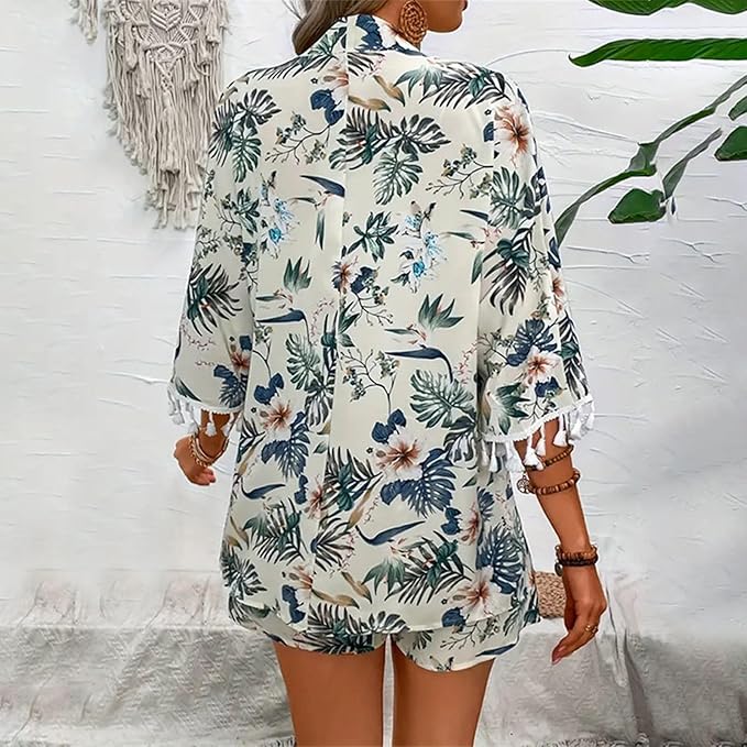 Emily | Chic Floral Cardigan and Beach Shorts Ensemble