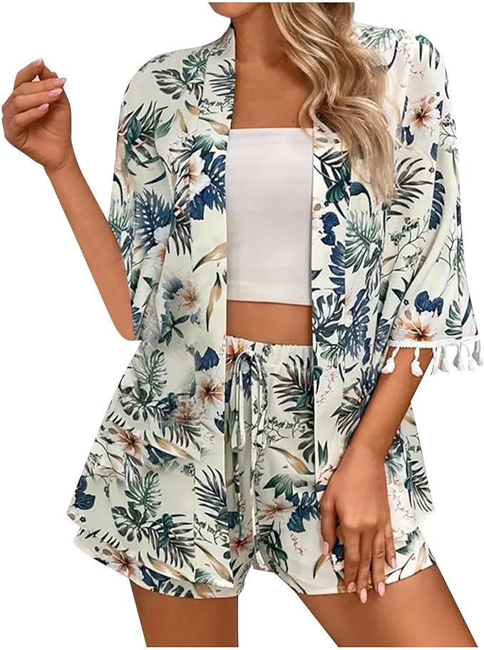 Emily | Chic Floral Cardigan and Beach Shorts Ensemble