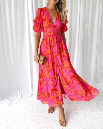 Alva | Elegant V-neck Puff Sleeve Maxi Dress