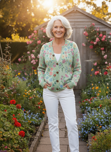 Summer Field Floral Pattern Print Buttoned Cardigan Sweater