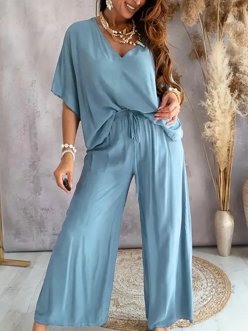 Lily | Relaxed V Neck Top & Wide Leg Pants Set