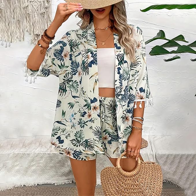 Emily | Chic Floral Cardigan and Beach Shorts Ensemble