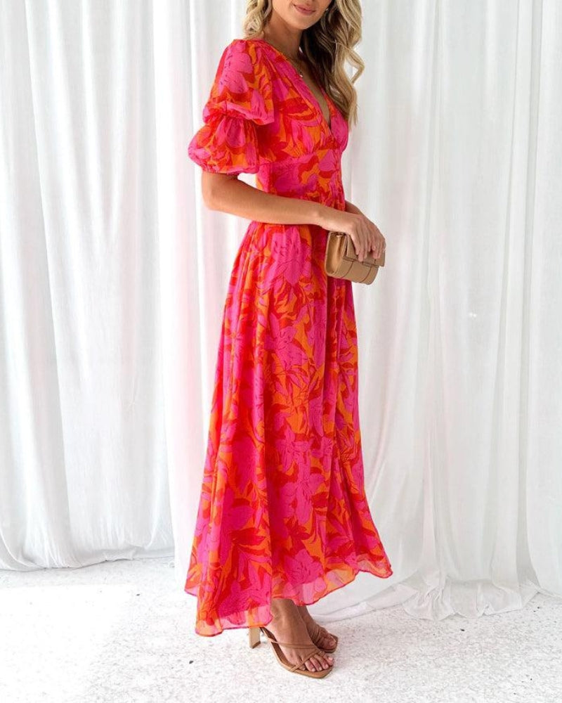 Alva | Elegant V-neck Puff Sleeve Maxi Dress