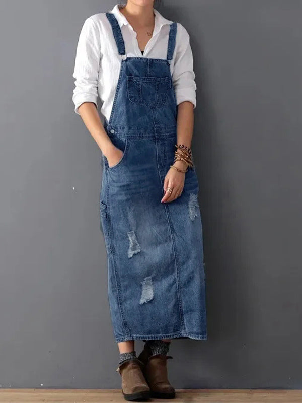 Sophie | Denim Dungaree Dress with Back Split