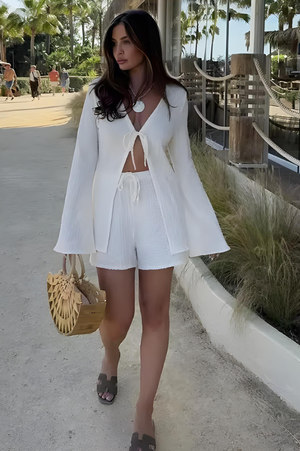 Abigail | Lace-Up Flared Sleeve Shirt & Shorts Set