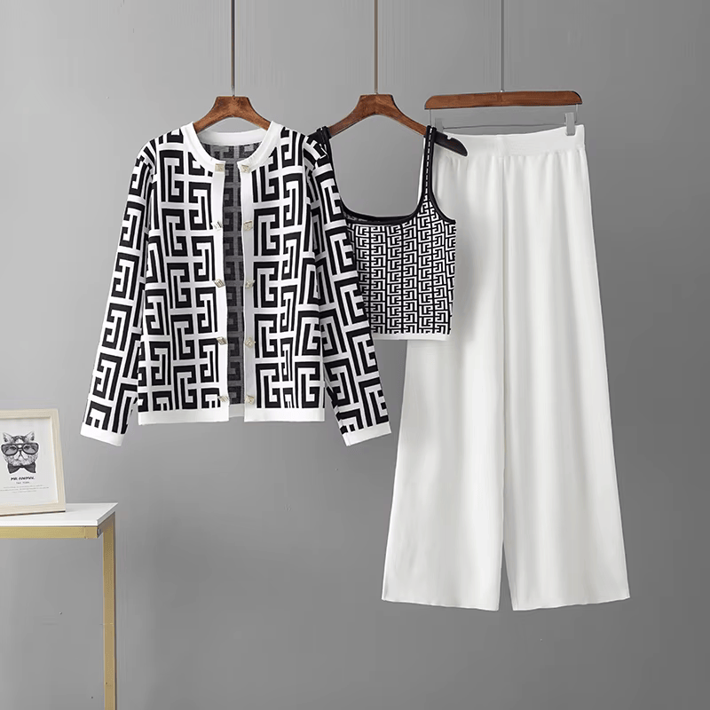 Avery | Chic Retro Maze Plaid O-Collar 3-Piece Suit