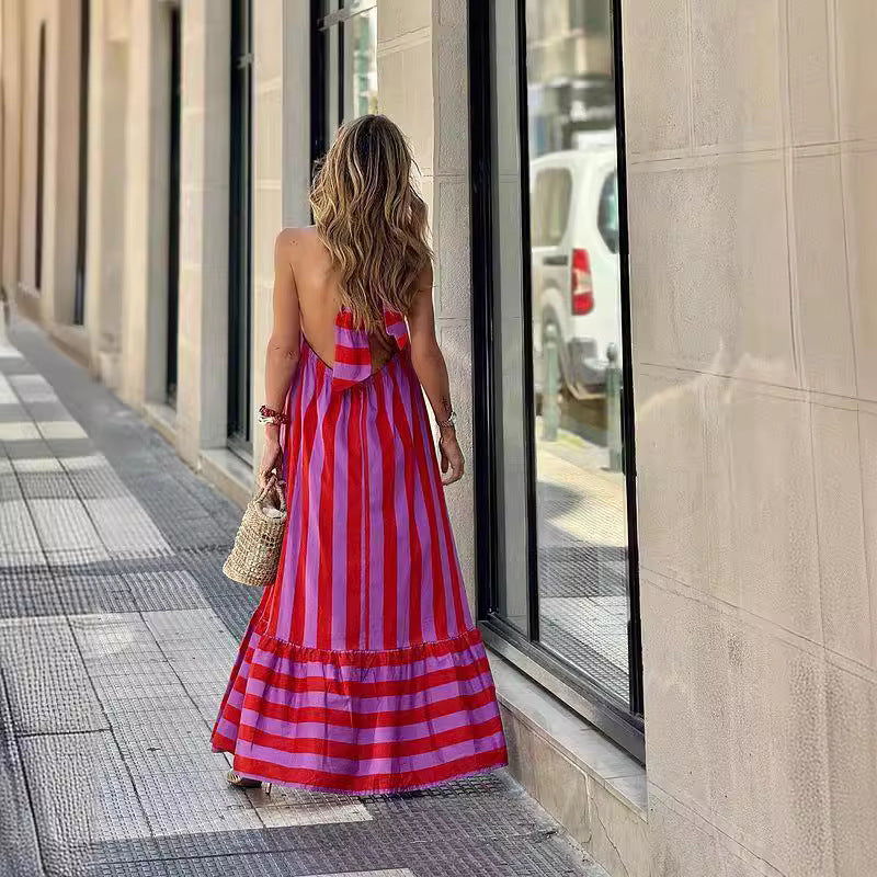 Addison | Chic Bold Stripe Halter Neck Maxi Dress