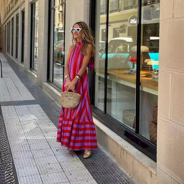 Addison | Chic Bold Stripe Halter Neck Maxi Dress