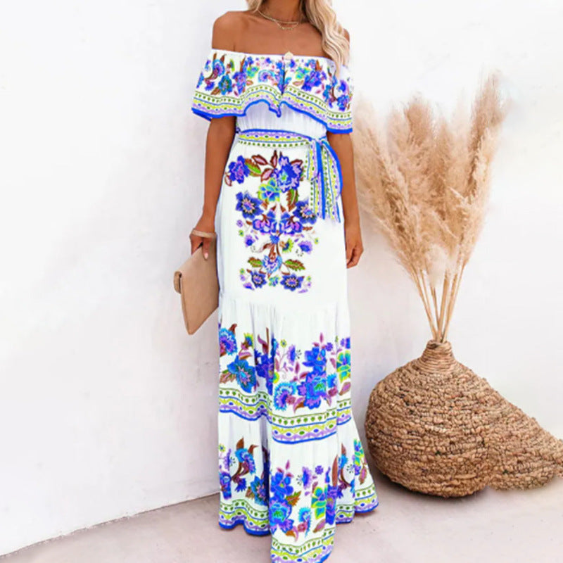 Oceana | Printed Lace-Up Waist Long Dress