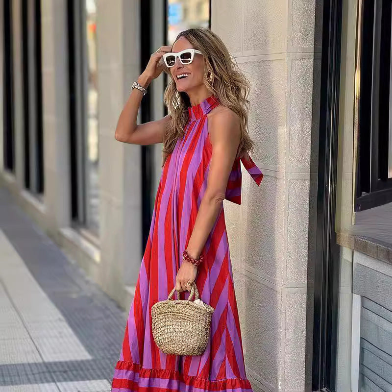Addison | Chic Bold Stripe Halter Neck Maxi Dress