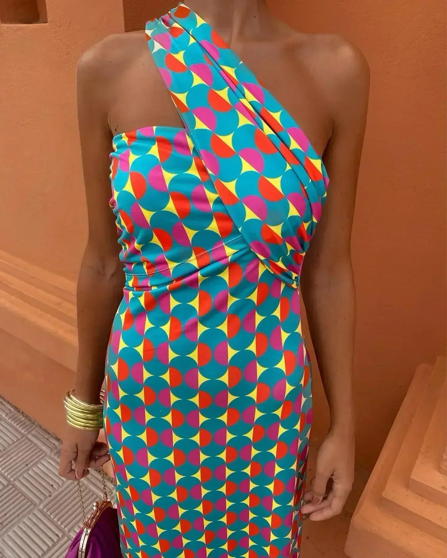 Irmgardi | Colorful Asymmetric Neckline Dress