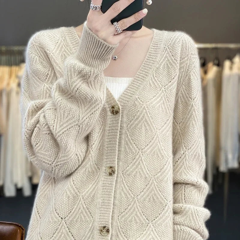 Elara | Diamond Twist Pure Wool Cardigan