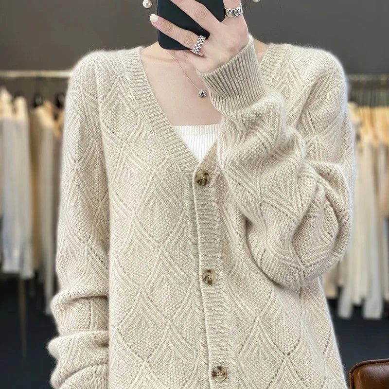Elara | Diamond Twist Pure Wool Cardigan