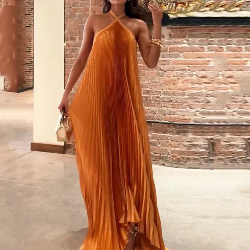 Kyla | Chic Pleated Halter Neck Maxi Dress