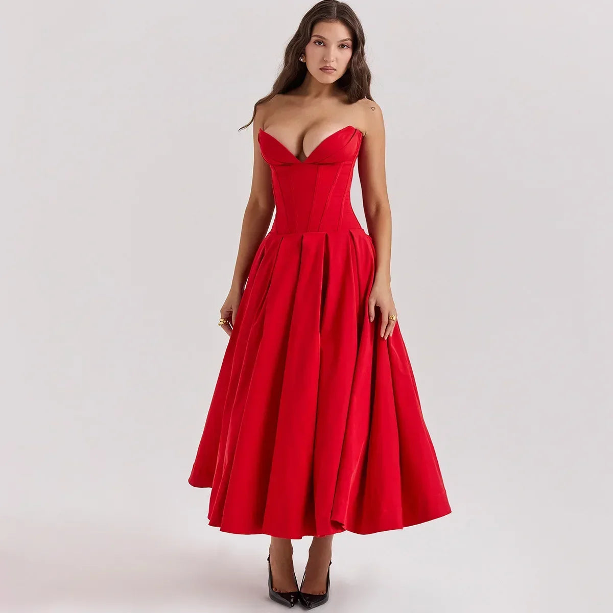Rafaela | Sleek Strapless Pleated Midi Dress