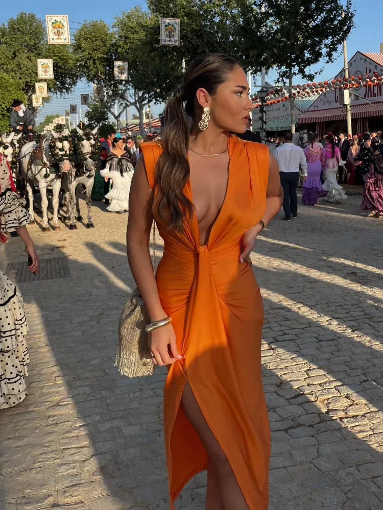 Moriah | Sunset Ruched V-Neck Dress