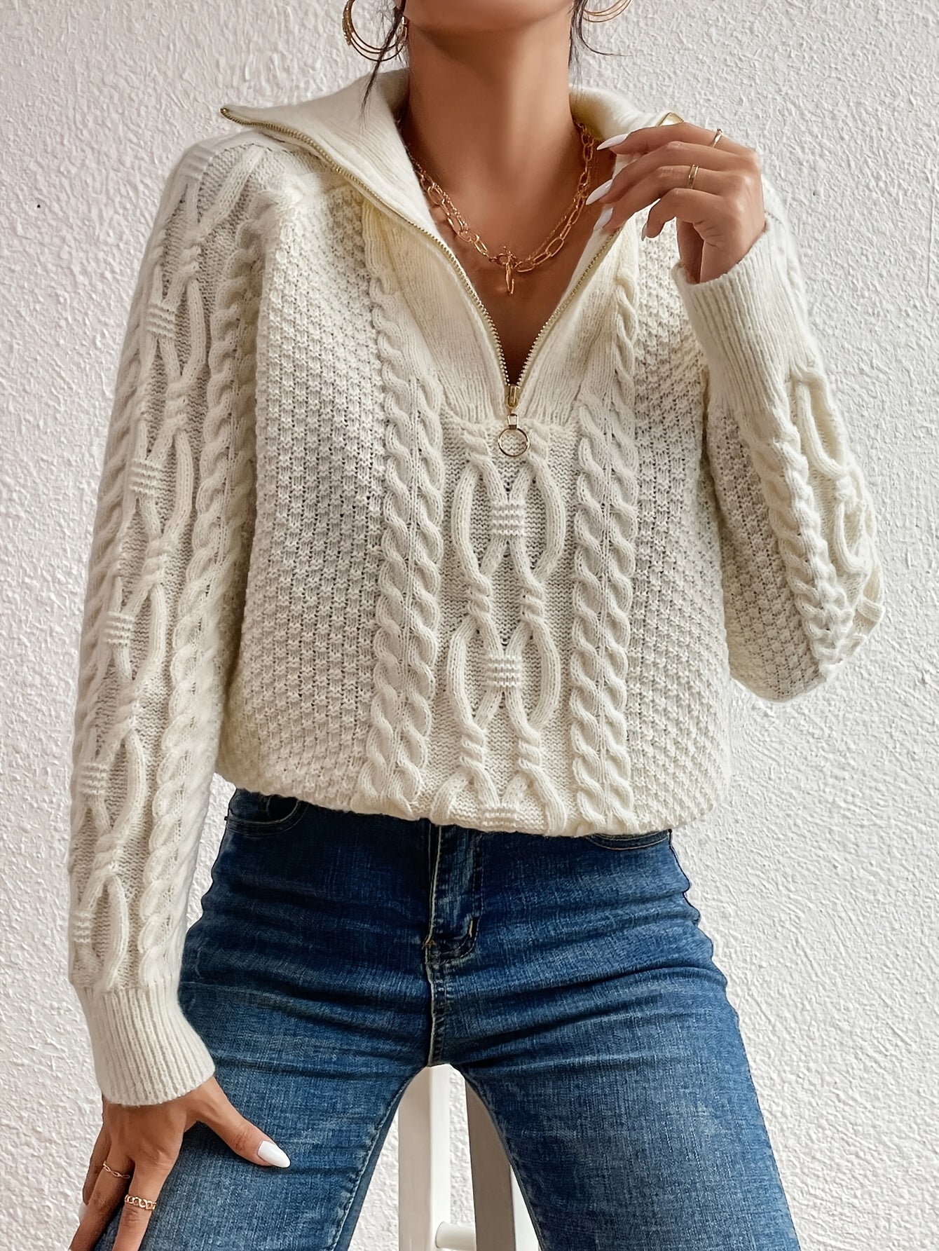 Harlow | Cable Knit Sweater with Zipper Collar