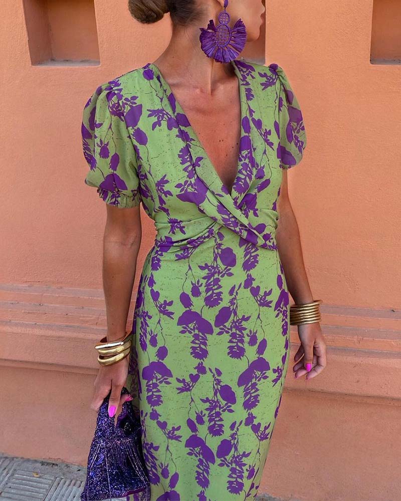 Aria | Chic Deep V-Neck Dress with Leaf Design