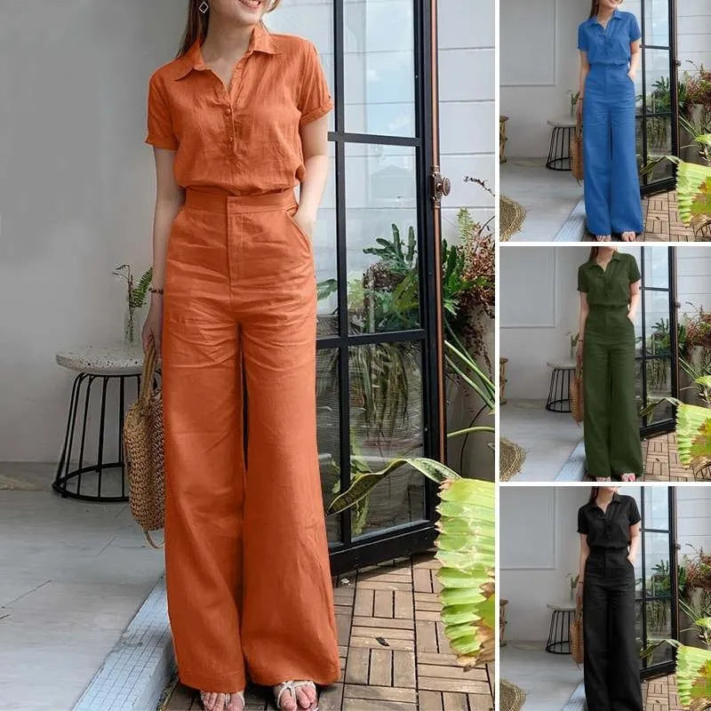 Charlotte | Chic Short Sleeve Top & Flowing Wide Leg Pants Set