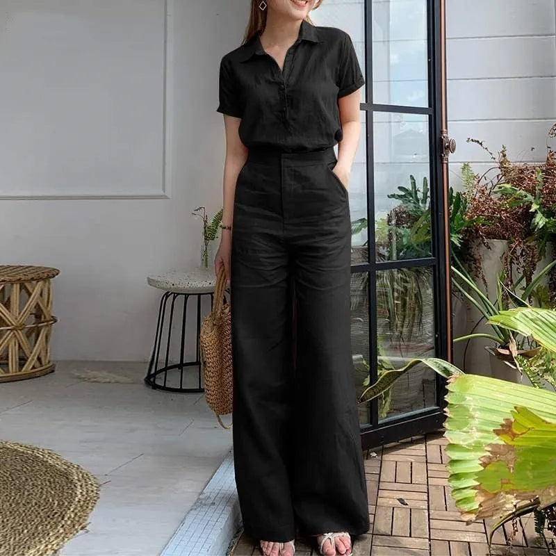 Charlotte | Chic Short Sleeve Top & Flowing Wide Leg Pants Set