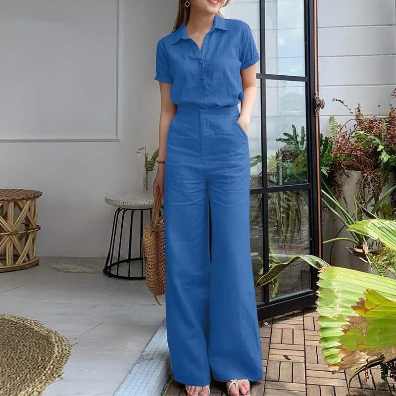 Charlotte | Chic Short Sleeve Top & Flowing Wide Leg Pants Set