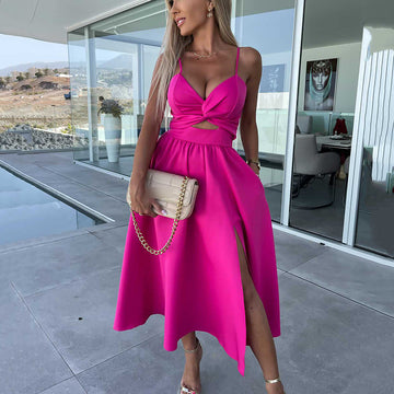 Vanette | Elegant Strappy Front Slit Midi Dress
