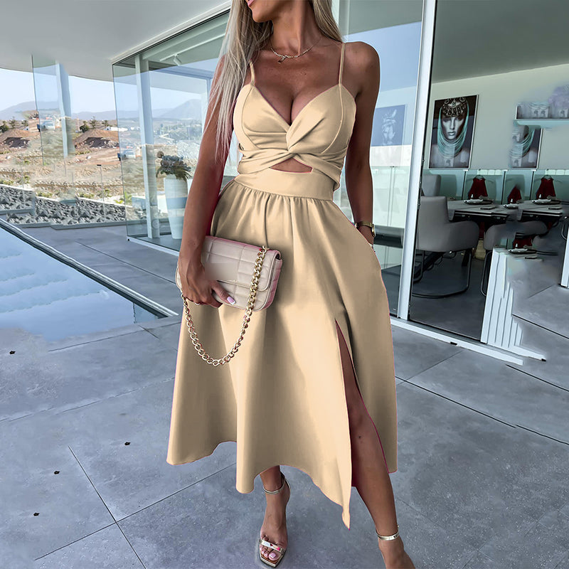 Vanette | Elegant Strappy Front Slit Midi Dress
